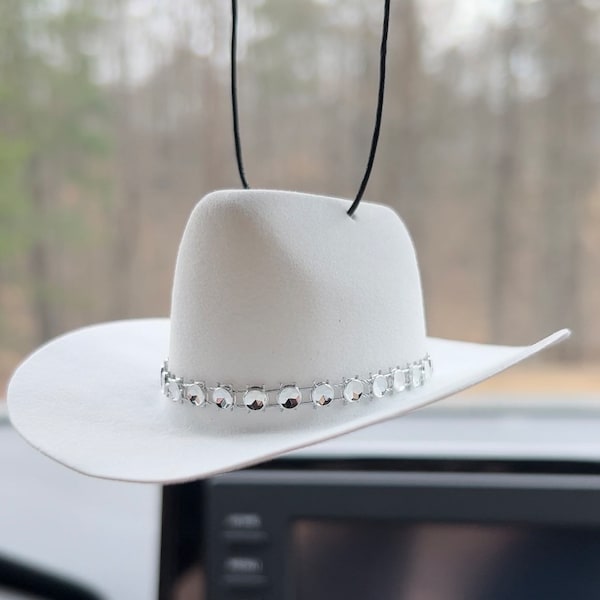 cowboy hat car hanging decoration - white cowboy hat - cowgirl - rhinestone - rear view mirror hanging ornament - gifts for her - car decor