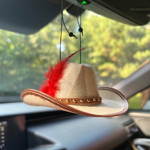 Red feathered cowboy hat car hanging decoration - add your initials! personalize - rear view mirror - cowgirl hat - western car decor