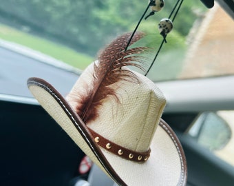 cowboy hat car hanging decoration - add your initials! personalized cowboy hat - rear view mirror accessory - cowgirl hat - car decor