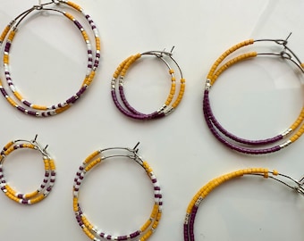 Purple and Yellow Beaded Hoop Earrings - School Spirit Hoops - Minimalist Jewelry - Team Colors - LSU - JMU - Vikings - Lakers
