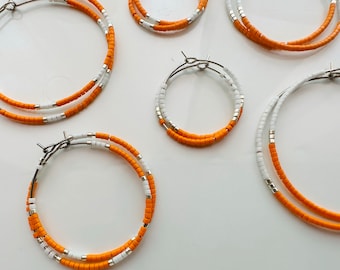 Orange and White Beaded Hoop Earrings - School Spirit Hoops - Minimalist Jewelry - Team Colors - Tennessee - College Sports - UT