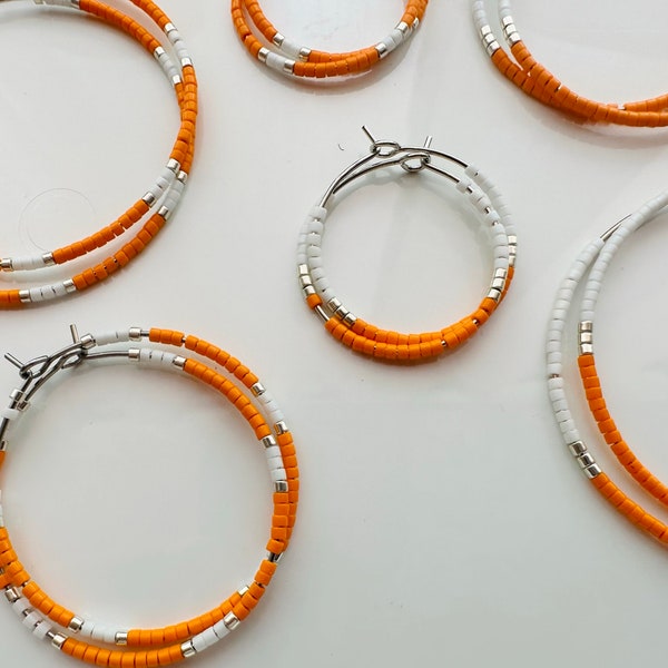 Orange and White Beaded Hoop Earrings - School Spirit Hoops - Minimalist Jewelry - Team Colors - Tennessee - College Sports - UT