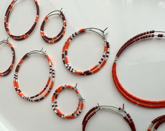 Maroon and Orange Beaded Hoop Earrings - School Spirit Hoops - Minimalist Jewelry - Team Colors -Virginia Tech - Hokies - Statement Jewelry