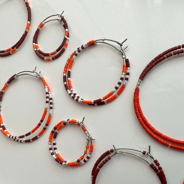 Maroon and Orange Beaded Hoop Earrings - School Spirit Hoops - Minimalist Jewelry - Team Colors -Virginia Tech - Hokies - Statement Jewelry