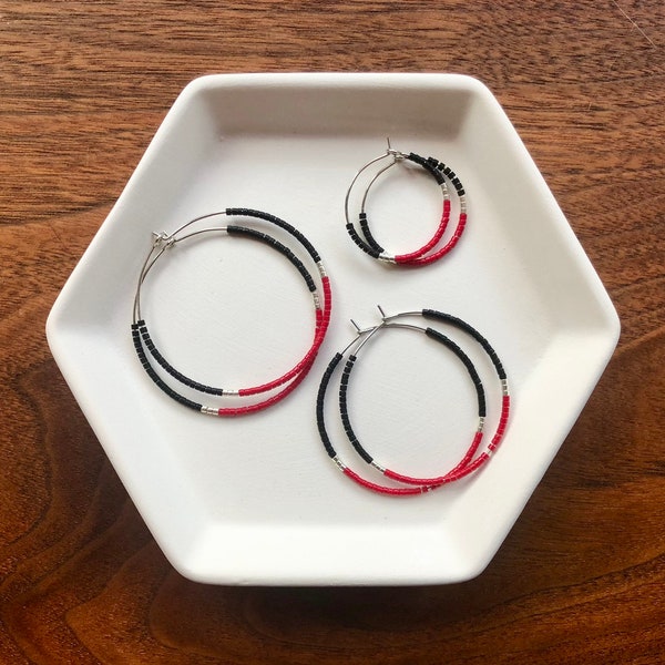 Red and Black Beaded Hoop Earrings - School Spirit Hoops - Gameday Jewelry - Team Colors - UGA - Georgia - Ohio State - Louisville