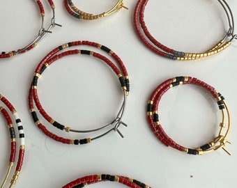 Crimson and Gold Beaded Hoop Earrings - Team Spirit Hoops - Minimalist Jewelry - School Spirit - FSU - BC - Football - Statement Jewelry