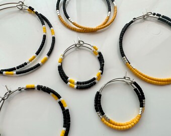 Black and Yellow Beaded Hoop Earrings - Team Spirit Hoops - Minimalist Jewelry - School Spirit - Mizzou - Iowa - Statement Jewelry