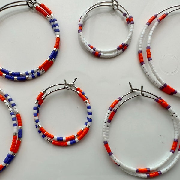 Orange and Purple Beaded Hoop Earrings - School Spirit Hoops - Minimalist Jewelry - Team Colors - Clemson - Tigers - College Sports