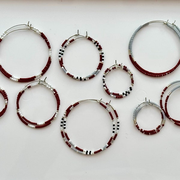 Maroon and Gray Maroon and White Beaded Hoop Earrings - School Spirit - Minimalist Jewelry - Team Colors - Texas A&M - Miss State - Alabama
