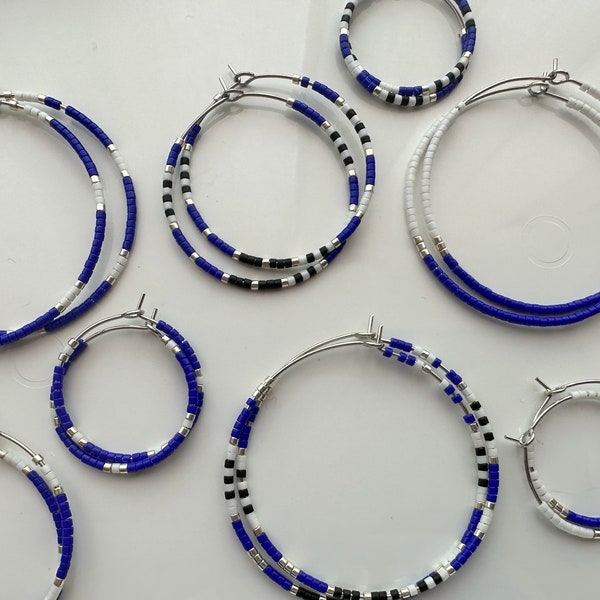 Blue and White Beaded Hoop Earrings - Team Spirit Hoops - Minimalist Jewelry - School Spirit - Kentucky - UK - Statement Jewelry