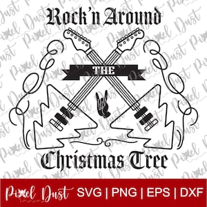 Rock'n rund um den Weihnachtsbaum, Rock'n Roll unter dem Motto Feiertagsgrafik. Sofortiger Download. svg, eps, png, dxf, Verwendung mit Stromkreis oder Silhouette.