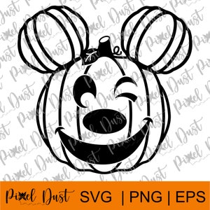 May include: Black and white silhouette of a pumpkin with Mickey Mouse ears and a winking face. The pumpkin has a carved smile and a nose.