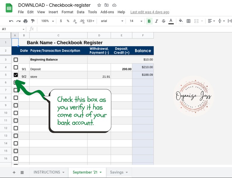 Check Register in Google Sheets With Formulas Budgeting Checkbook