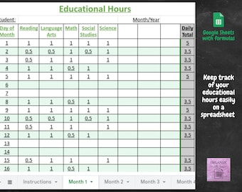 Lernstunden Spreadsheet Tracker; Schüler Homeschool Google Sheets; Behalten Sie den Überblick über die Stunden