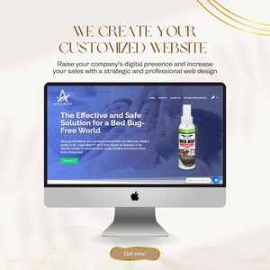 May include: A computer screen displaying a website for a bed bug repellent product called "Eagle Watch Bed Bug Barrier". The website features a photo of a couple sleeping in bed, with the product bottle prominently displayed in the foreground. The text on the website reads "The Effective and Safe Solution for a Bed Bug-Free World".