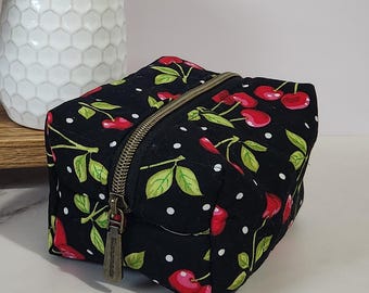 Personalized Cherry Quilted Makeup Bag: Floral Toiletry Zipper Pouch