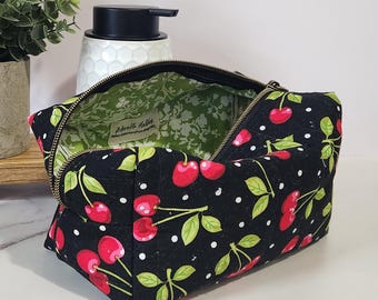 Personalized Cherry Quilted Makeup Bag: Floral Toiletry Zipper Pouch