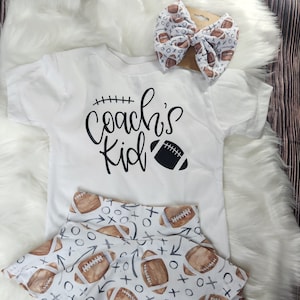 Toddler Football Outfit: Coach&#39;s Kid Shirt, Skirted Bummies & Bow