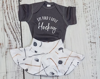 Baby girl hockey outfit, game day hockey shirt, fall outfit for toddlers, ice hockey spirit shirt, skirted bummies, baby bodysuit