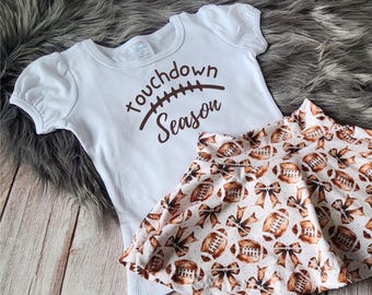 girls football shirt, gameday outfit, custom football baby shower gift, touchdown season two piece set, football sister toddler football set