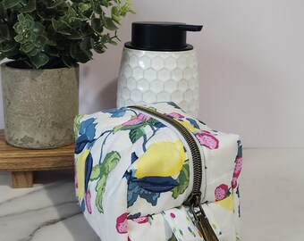 Lemon Floral Quilted Makeup Bag: Handmade Cotton Toiletry Organizer