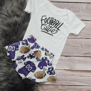 Purple Baby girl football outfit with bow, game day football shirt, fall outfit for toddlers, football spirit shirt, skirted bummie bodysuit