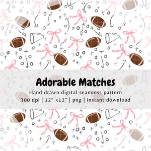 May include: A digital seamless pattern with a white background featuring brown footballs, pink bows, and gray megaphones. The design includes play diagrams and the text "Adorable Matches".