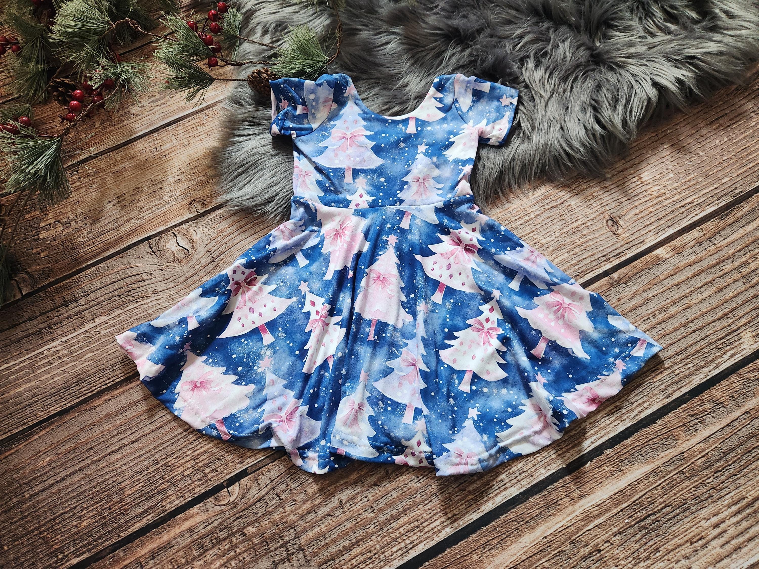 pink and blue winter dress Pink and Blue Whimsical Christmas Tree Dress for Toddler Girls, Winter  Wonderland Snowflake Twirl Dress for Girls