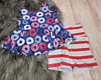 Patriotic girl outfit, donut shirt for girl, summer outfit for toddler, 4th of July toddler outfit, patriotic shirt for kids