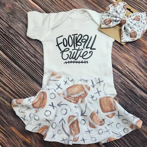 Baby girl football outfit with bow, game day football shirt, fall outfit for toddlers, football spirit shirt, skirted bummies, baby bodysuit