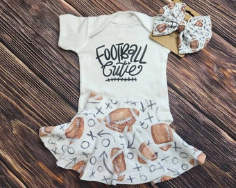 Baby girl football outfit with bow, game day football shirt, fall outfit for toddlers, football spirit shirt, skirted bummies, baby bodysuit