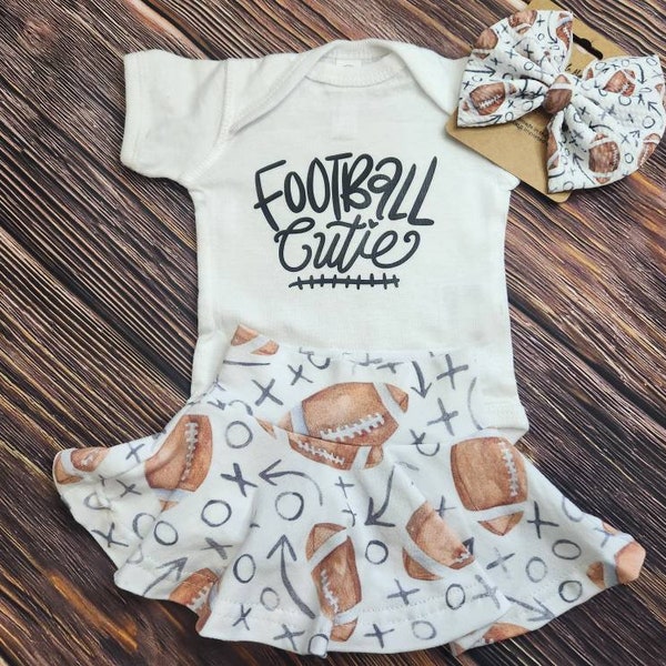 Baby girl football outfit with bow, game day football shirt, fall outfit for toddlers, football spirit shirt, skirted bummies, baby bodysuit