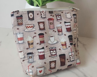 Coffee Print Makeup Bag: Handmade Cotton Zippered Pouch