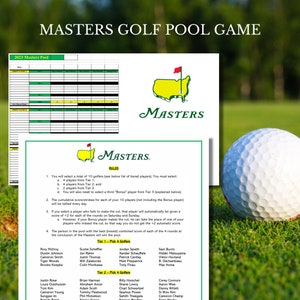 May include: A printable Masters Golf Pool game with a green and white logo of the Masters Tournament. The game includes a list of golfers to choose from and rules for the game. The game is for 2023.