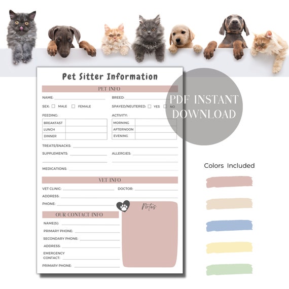 Minimalist Pet Sitting Form Printable PDF Pet Sitter - Etsy