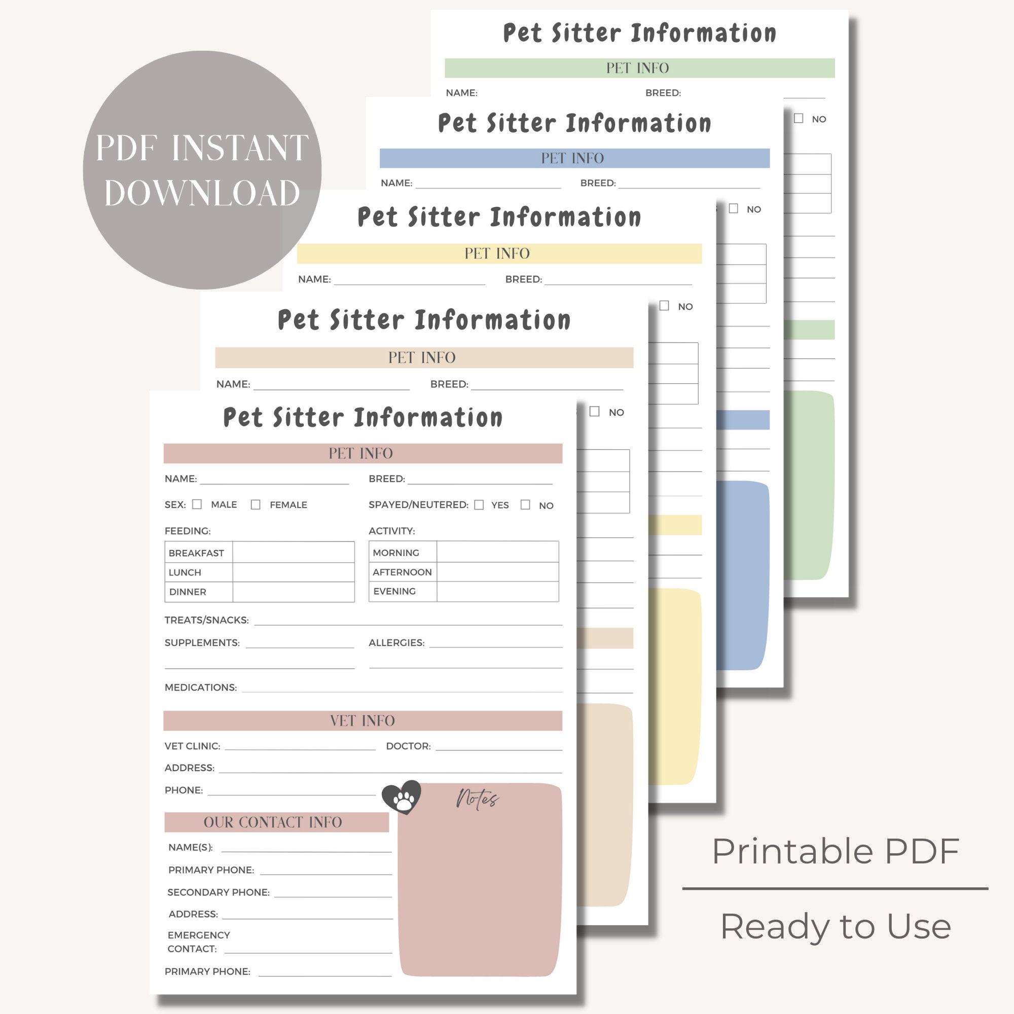 Minimalist Pet Sitting Form Printable PDF | Pet Sitter Instructions ...