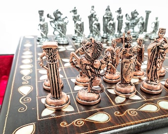 Spersonalizowany zestaw szachów drewnianych z planszą, prezent walentynkowy dla mężczyzn, ręcznie robiony zestaw szachowy, szachownica z miejscem do przechowywania, metalowe figury szachowe