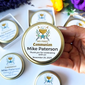 First communion favors for guests, Baptism candle favors, Christening, Confirmation gift, Holy Eucharist favors, Dedication, Tin Candle