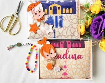 Alfombra de oración musulmana para niños, regalo de Eid, alfombra de oración islámica personalizada para niños, Sejadah para niños, juego de regalo de alfombra de oración para niños, cuentas de oración para niños