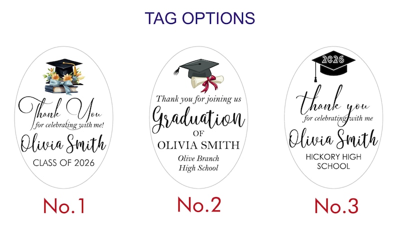 K&ouml;nnte beinhalten: Ovale Abschluss-Tags mit Text und Grafiken. Die Tags zeigen eine Abschlusskappe, den Namen "Olivia Smith" und den Text "Vielen Dank, dass Sie mit mir gefeiert haben!" oder "Vielen Dank f&uuml;r Ihre Teilnahme".