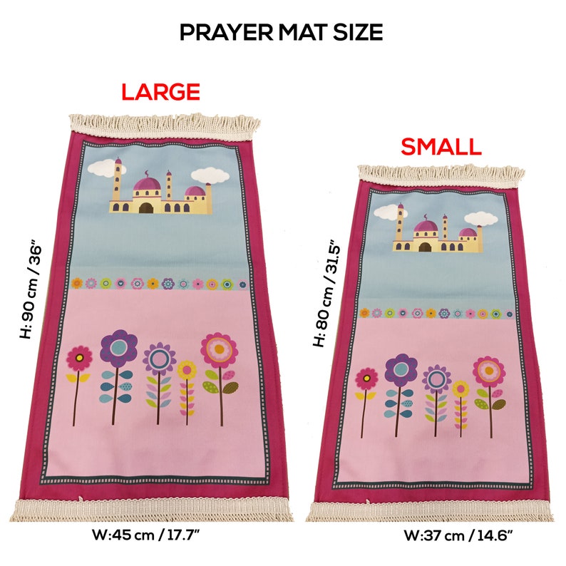 Puede incluir: Dos alfombras de oraci&oacute;n con un dise&ntilde;o de mezquita y flores. La alfombra m&aacute;s grande mide 90 cm de alto y 45 cm de ancho. La alfombra m&aacute;s peque&ntilde;a mide 80 cm de alto y 37 cm de ancho.