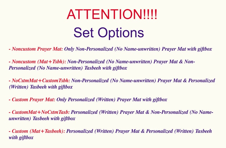 Puede incluir: Una lista de opciones para conjuntos de alfombras de oraci&oacute;n y tasbihs. Las opciones incluyen diferentes combinaciones de art&iacute;culos personalizados y no personalizados, con o sin caja de regalo.