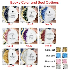 May include: Epoxy resin coasters with different color and crystal designs. The coasters feature various religious themes, including baptism, christening, and confirmation. The text on the coasters includes names, dates, and religious symbols. The image also shows different seal options, including gold, blue, pink, and silver.
