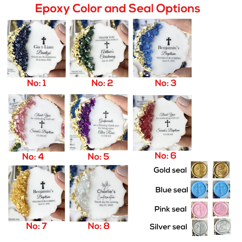 May include: Epoxy resin coasters with different color and crystal designs. The coasters feature various religious themes, including baptism, christening, and confirmation. The text on the coasters includes names, dates, and religious symbols. The image also shows different seal options, including gold, blue, pink, and silver.
