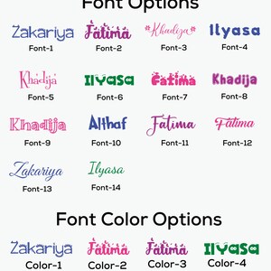Puede incluir: Un gr&aacute;fico con 14 estilos de fuente diferentes y 4 opciones de color para nombres. Los nombres que se muestran son Zakariya, Fatima, Khadija e Ilyasa. Los estilos de fuente est&aacute;n numerados del 1 al 14. Las opciones de color est&aacute;n numeradas del 1 al 4.