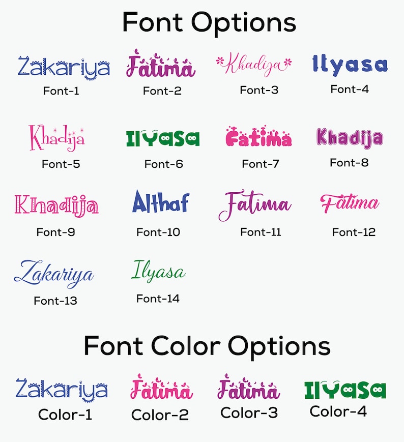 Puede incluir: Un gr&aacute;fico con 14 estilos de fuente diferentes y 4 opciones de color para nombres. Los nombres que se muestran son Zakariya, Fatima, Khadija e Ilyasa. Los estilos de fuente est&aacute;n numerados del 1 al 14. Las opciones de color est&aacute;n numeradas del 1 al 4.