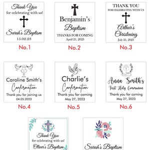 May include: Eight different tag designs for a baptism, christening, confirmation, or first holy communion. Each tag features a cross, dove, or chalice with a floral design. The tags include the text "Thank You", the name of the event, and the date.