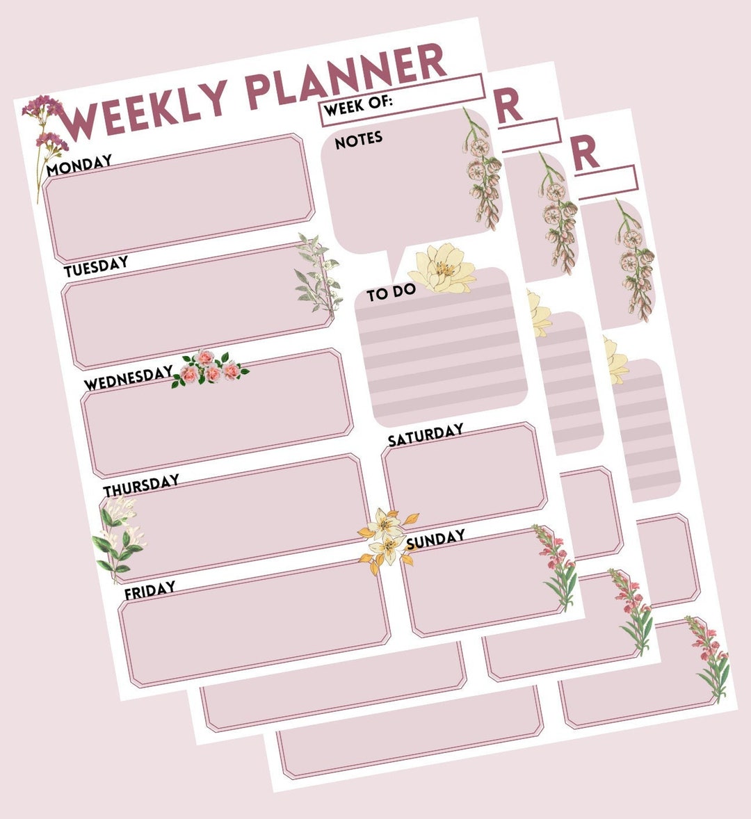 Printable Floral Weekly Schedule - One-page - Red Purple - Etsy