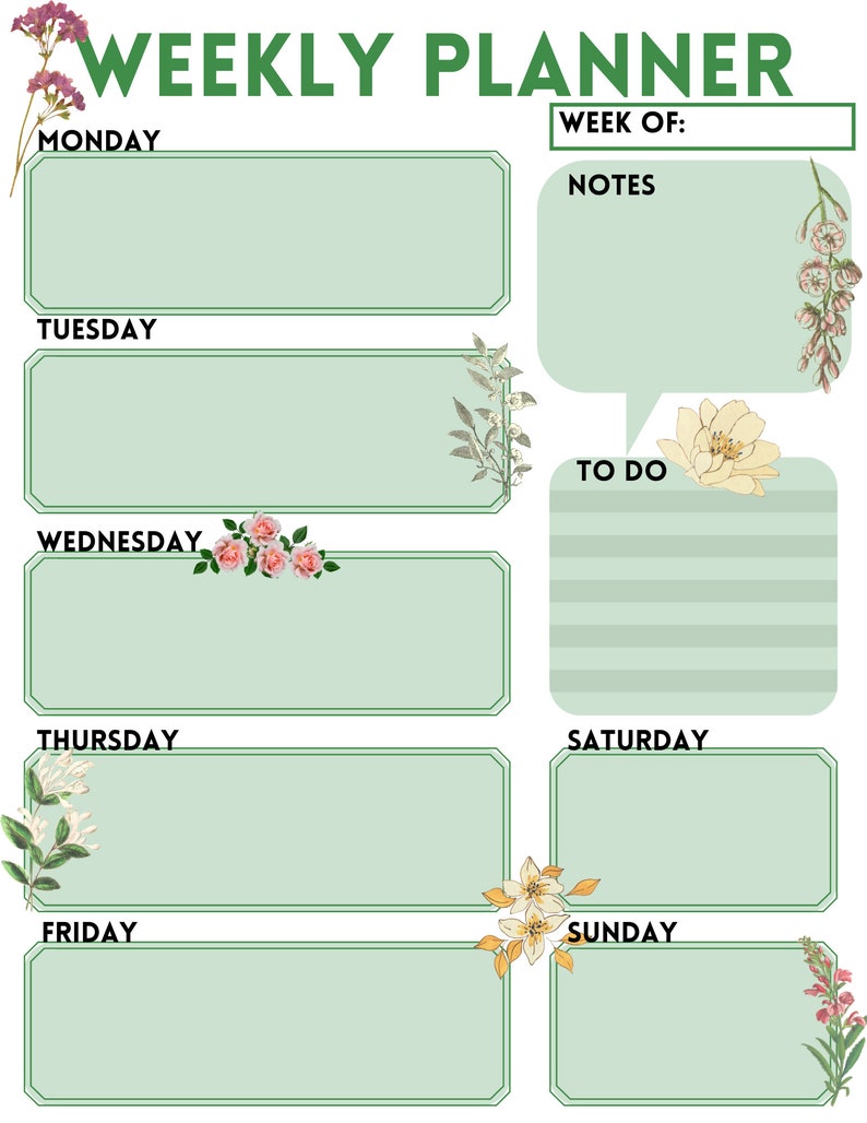 Printable Floral Weekly Schedule One-page Green - Etsy