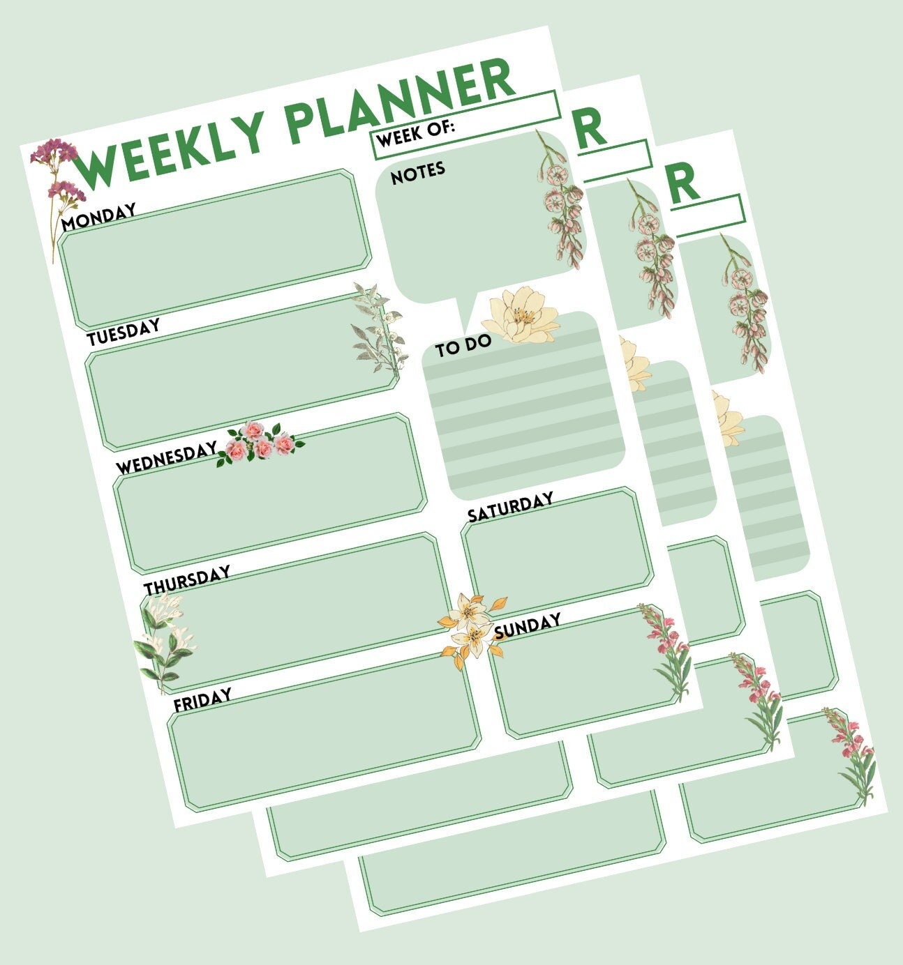 Printable Floral Weekly Schedule One-page Green - Etsy